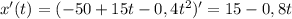 x'(t)=(-50+15t-0,4t^2)'=15-0,8t