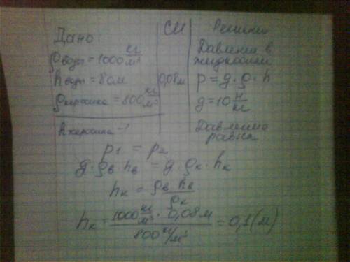 Высота столба воды в сосуде 8 см. какой должна быть высота керосина, налитого в сосуд вместо воды, ч