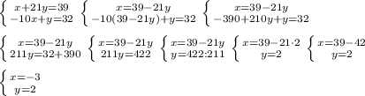 \right. \left \{ {{x+21y=39} \atop {-10x+y=32}} \right. \left \{ {{x=39-21y} \atop {-10(39-21y)+y=32}} \right. \left \{ {{x=39-21y} \atop {-390+210y+y=32}} \right.\\\\ \left \{ {{x=39-21y} \atop {211y=32+390}} \right. \left \{ {{x=39-21y} \atop {211y=422}} \right. \left \{ {{x=39-21y} \atop {y=422:211}} \right. \left \{ {{x=39-21\cdot2} \atop {y=2}} \right. \left \{ {{x=39-42} \atop {y=2}} \right.\\\\ \left \{ {{x=-3} \atop {y=2}} \right.