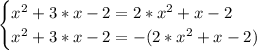 \begin{cases} x^2+3*x-2=2*x^2+x-2\\x^2+3*x-2=-(2*x^2+x-2) \\ \end{cases}