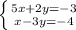 \left \{ {{5x+2y=-3} \atop {x-3y=-4}} \right.