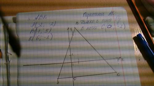 Постройте треугольник авк по координатам его вершин а(-2; -2),в(1; 5),к(6; -2).найдите координаты то