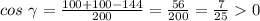 cos\ \gamma=\frac{100+100-144}{200}=\frac{56}{200}=\frac{7}{25}0