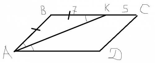 Впараллелограмме abcd биссектриса ak делит bc на отрезки bk=7cм, kc=5см. найдите периметр параллелог