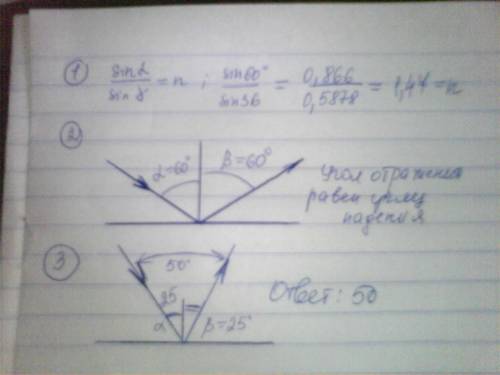 угол падения луча на поверхности подсолнечного масла 60°, а угол преломления 36°. найти показатель п