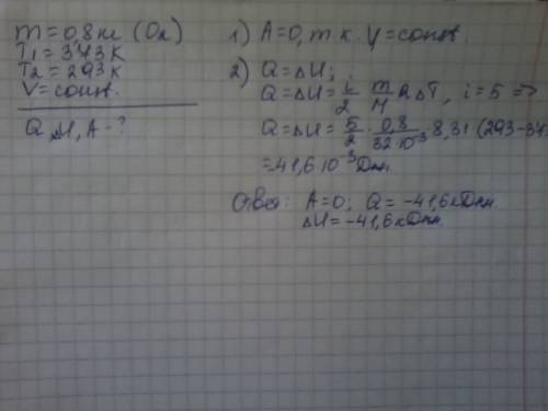 Кислород массой m=800 г, охлажденный от температуры t1=100 °с до температуры t2=20 °с, сохранил неиз