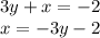 3y + x= -2 \\x = -3y -2