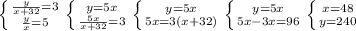 \left \{ {{\frac{y}{x+32}=3} \atop {\frac{y}{x}=5}} \right \left \{ {{y=5x} \atop {\frac{5x}{x+32}=3}} \right \left \{ {{y=5x} \atop {5x=3(x+32)}} \right \left \{ {{y=5x} \atop {5x-3x=96}} \right \left \{ {{x=48} \atop {y=240}} \right