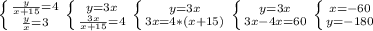 \left \{ {{\frac{y}{x+15}=4} \atop {\frac{y}{x}=3}} \right \left \{ {{y=3x} \atop {\frac{3x}{x+15}=4} \right \left \{ {{y=3x} \atop {3x=4*(x+15)} \right \left \{ {{y=3x} \atop {3x-4x=60} \right \left \{ {{x=-60} \atop {y=-180} \right