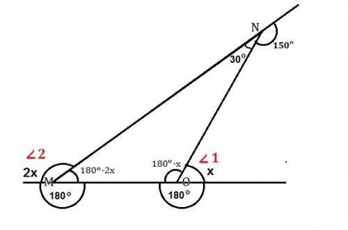 Внешний угол 1 треугольника mno меньше внешнего угла 2 в два раза. внутренний угол треугольника при