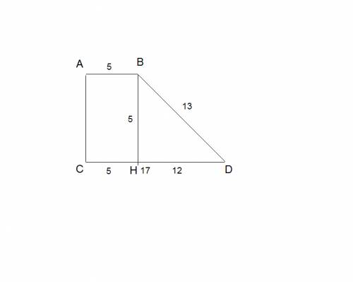 Впрямоугольной трапеции основания равны 17 см и 5 см, а большая боковая сторона 13см, найти площадь