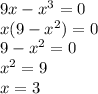 9x-x^{3}=0\\x(9-x^{2})=0\\9-x^{2}=0\\x^{2}=9\\x=3