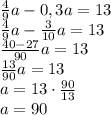 \frac49a-0,3a=13\\ \frac49a-\frac3{10}a=13\\ \frac{40-27}{90}a=13\\ \frac{13}{90}a=13\\ a=13\cdot\frac{90}{13}\\ a=90