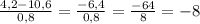 \frac{4,2-10,6}{0,8} = \frac{-6,4}{0,8} = \frac{-64}{8} = -8