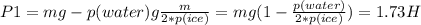 P1=mg-p(water)g\frac{m}{2*p(ice)}=mg(1-\frac{p(water)}{2*p(ice)})=1.73 H