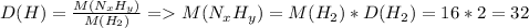 D(H)=\frac{M(N_xH_y)}{M(H_2)}=M(N_xH_y)=M(H_2)*D(H_2)=16*2=32