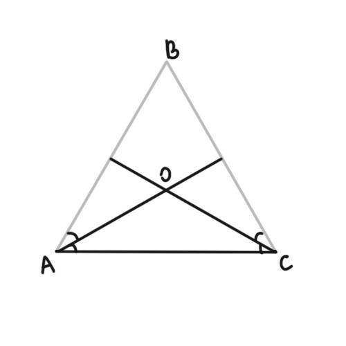 Построить равнобедренный треугольник по основанию и углу, который образуют биссектрисы, проведенные