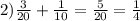 2)\frac{3}{20}+\frac{1}{10}=\frac{5}{20}=\frac{1}{4}