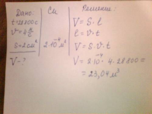 На ночь забыли выключить кран и всю ночь (28800 сек) со скоростью 4 м/с вытекала вода. каков объем в