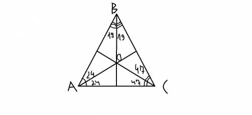 Биссектрисы углов а и в треугольника авс пересекаются в точке о. найдите угол аов, если ے а=48°, ے с