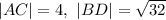 |AC| = 4, \ |BD| = \sqrt{32}