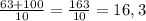 \frac{63+100}{10}=\frac{163}{10}=16,3