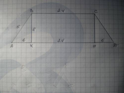 Как найти площадь равнобедренной трапеции, если дано меньшее основание 24 см, боковая сторона 10 см