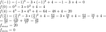 f(-1)=(-1)^3-3*(-1)^2+4=-1-3+4=0\\f(0)=0^3-3*0^2+4=4\\f(4)=4^3-3*4^2+4=64-48+4=20\\f(\frac{4}{3})=(\frac{4}{3})^3-3*(\frac{4}{3})^2+4=\frac{64}{27}-3*\frac{16}{9}+4=\frac{64}{27}-\frac{16}{3}+4=\\=\frac{64}{27}-\frac{144}{27}+\frac{108}{27}=\frac{28}{27}\\f_{max}=20\\f_{min}=0