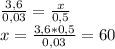 \frac{3,6}{0,03}= \frac{x}{0,5}\\x=\frac{3,6*0,5}{0,03}=60