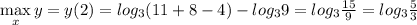 \max\limits_{x} y = y(2) = log_3(11 + 8 - 4) - log_39 = log_3\frac{15}{9} = log_3\frac{5}{3}