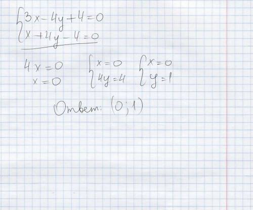 Чему равны координаты точек пересечения прямых 3x-4y+4=0 и x+4y-4=0