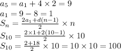 a_5 = a_1 + 4 \times 2 = 9 \\ a_1 = 9 - 8 = 1 \\S_n = \frac{2 a_1 + d(n - 1)}{2} \times n\\ S_{10} = \frac{2 \times 1 + 2(10 - 1)}{2} \times 10 \\ S_{10} = \frac{2 + 18}{2} \times 10 = 10 \times 10 = 100