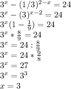 3^x-(1/3)^{2-x}=24\\\ 3^x-(3)^{x-2}=24\\\ 3^x(1-\frac{1}{9})=24\\\ 3^x*\frac{8}{9}=24\\\ 3^x=24:\frac{8}{9}\\\ 3^x=24*\frac{9}{8}\\\ 3^x=27\\\ 3^x=3^3\\\ x=3