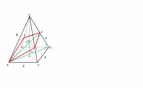 Вправильной четырехугольной пирамиде мавсd с вершиной м стороны основания равны 4,а боковые ребра ра