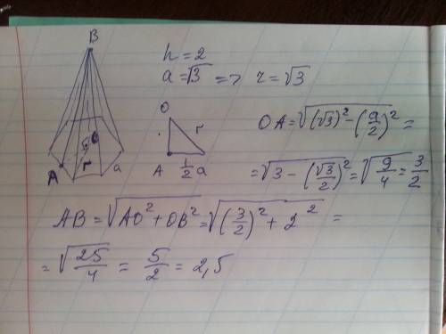 Высота правильной шестиугольной пирамиды равна 2, а сторона основания корень из 3. найти апофему.