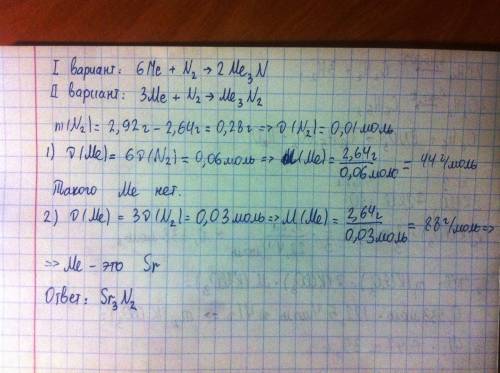 При взаимодействии некоторого металла массой 2.64г с азотом образовался нитрид массой 2.92г. определ