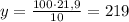 y=\frac{100\cdot21,9}{10}=219