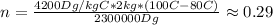 n=\frac{4200Dg/kgC*2kg*(100C-80C)}{2300000Dg} \approx 0.29