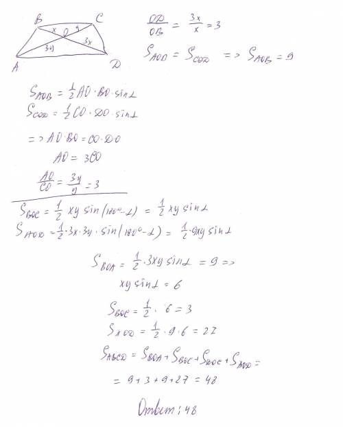 Диагонали ас и bd трапеции авсd (ас||вс) пересекаются в точке о. вычислите площадь трапеции, если из
