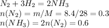 N_{2}+3H_{2}=2NH_{3} \\ n(N_{2})=m/M=8.4/28=0.3 \\ n(NH_{3})=2n(N_{2})=0.6