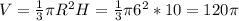 V=\frac13\pi R^2 H=\frac13\pi 6^2*10=120\pi