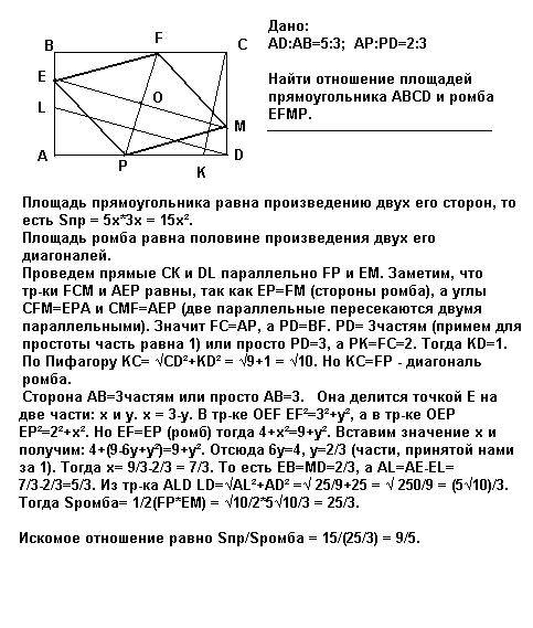 Впрямоугольнике авсd ad : ab = 5 : 3. на сторонах ав, вс, cd и da выбраны точки e, f, m и p соответс