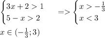 \begin{cases} 3x+21\\5-x2 \end{cases}\ =\begin{cases} x-\frac{1}{3}\\x<3 \end{cases}\\\\x\in(-\frac{1}{3};3)