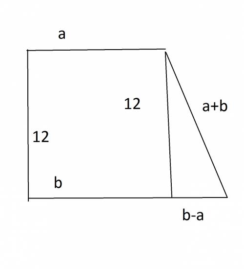 Впрямоугольный трапеции большая боковая сторона равна сумме оснований, высота 12см. найти площадь пр