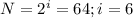 N=2^i=64; i=6