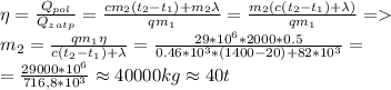 \eta=\frac{Q_{pol}}{Q_{zatp}}=\frac{cm_2(t_2-t_1)+m_2\lambda}{qm_1}=\frac{m_2(c(t_2-t_1)+\lambda)}{qm_1}=\\m_2=\frac{qm_1\eta}{c(t_2-t_1)+\lambda}=\frac{29*10^6*2000*0.5}{0.46*10^3*(1400-20)+82*10^3}=\\=\frac{29000*10^6}{716,8*10^3}\approx40000kg\approx40t