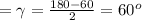 \betta=\gamma=\frac{180-60}{2}=60^o