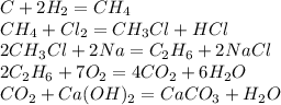 C + 2 H_{2} = CH_{4} \\ CH_{4} + Cl_{2} = CH_{3}Cl + HCl \\ 2 CH_{3}Cl + 2 Na = C_{2}H_{6} + 2 NaCl \\ 2 C_{2}H_{6} + 7 O_{2} = 4 CO_{2} + 6 H_{2}O \\ CO_{2} + Ca(OH)_{2} = CaCO_{3} + H_{2}O