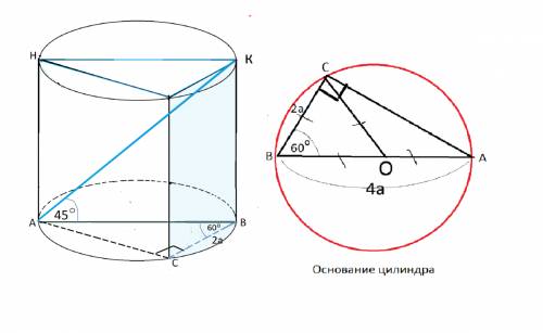 Вцилиндр вписана призма. основанием призмы служит прямоугольный треугольник катет которого = 2а , а