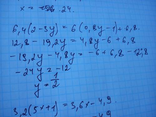 Решить уравнения -3(2,1x-4)-4,2=1,2(-5x+0,5) 6,4(2-3y)=6(0,8y-1)+6,8 3,2(5x-1)=3,6x-4,9